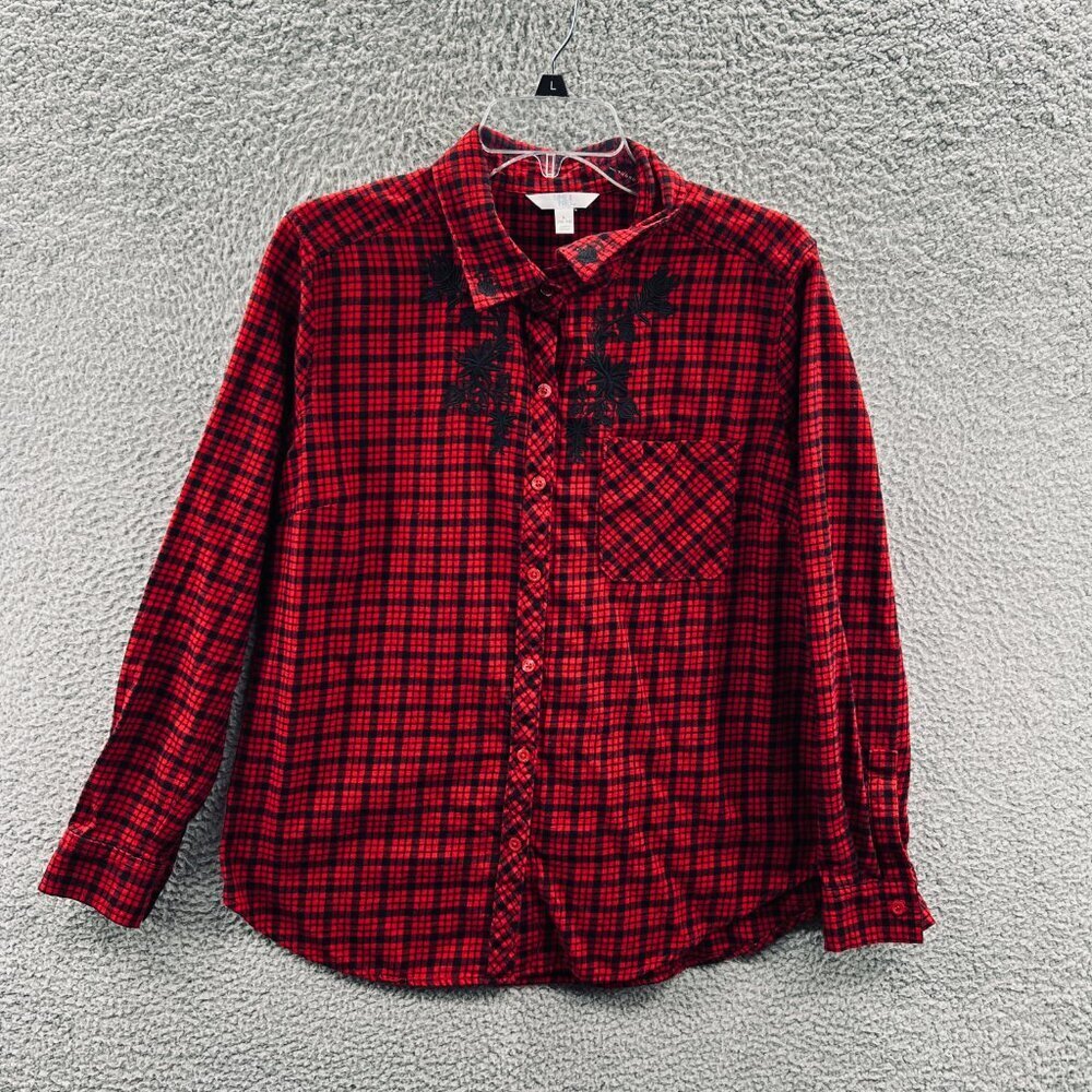 Womens Flannel Shirt L Red Black Plaid Embroidered Floral Cotton Casual Cozy
